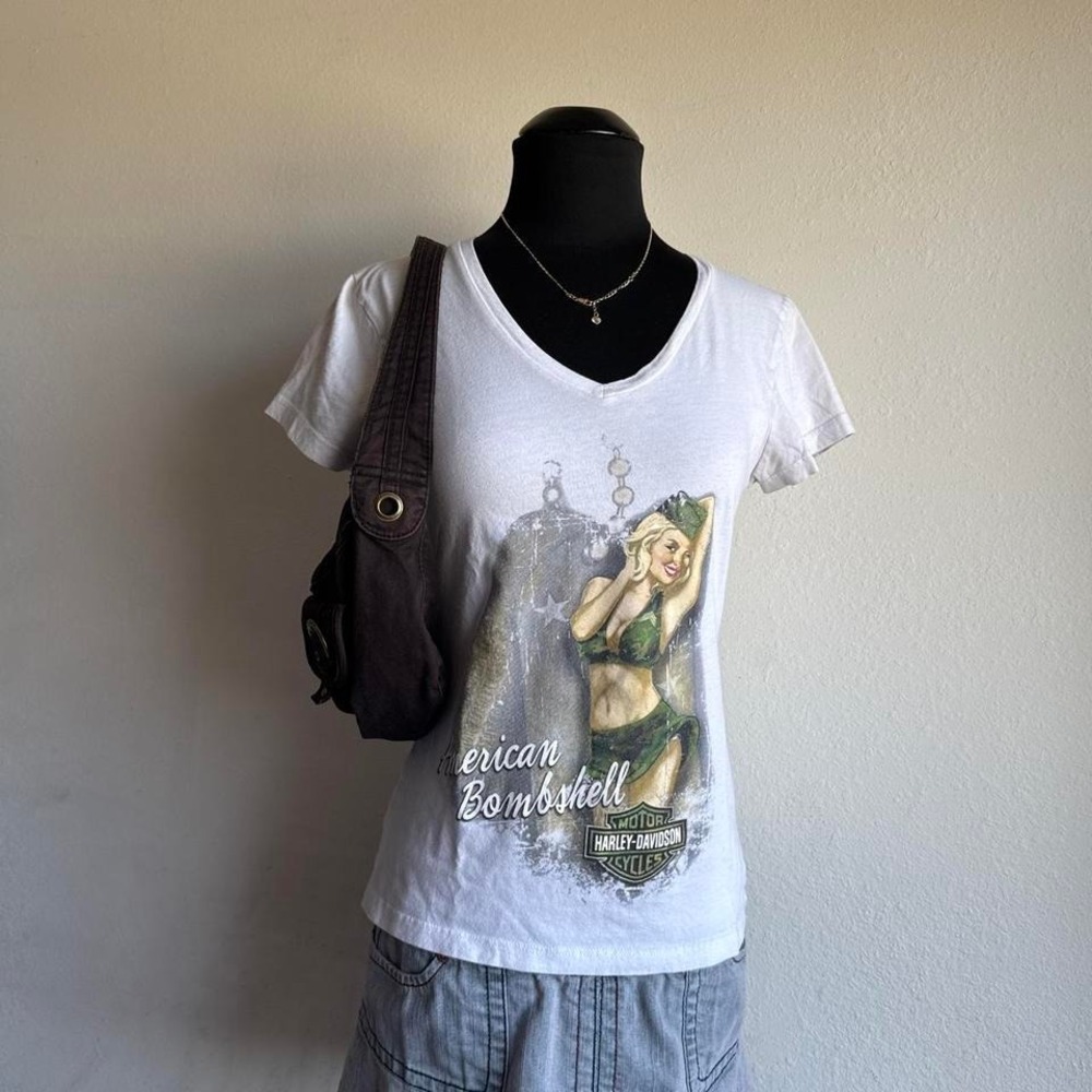 Harley Davidson American Bombshell pin up girl camo army graphic v-neck tee Barn